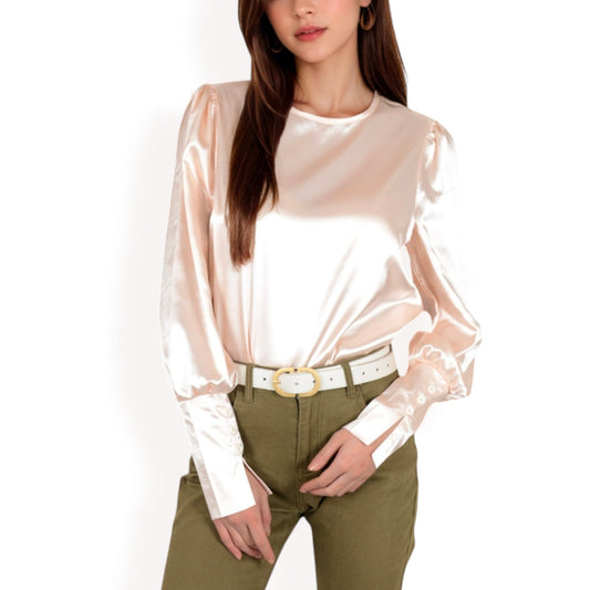 Satin Long Sleeve Blouse with Buttoned Cuffs and Subtle Puff Shoulders