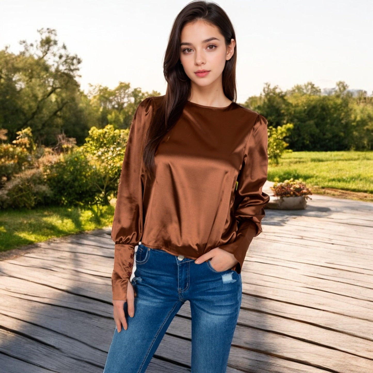 Satin Long Sleeve Blouse with Buttoned Cuffs and Subtle Puff Shoulders