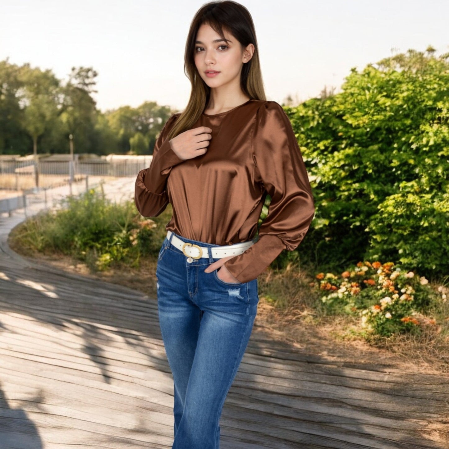 Satin Long Sleeve Blouse with Buttoned Cuffs and Subtle Puff Shoulders