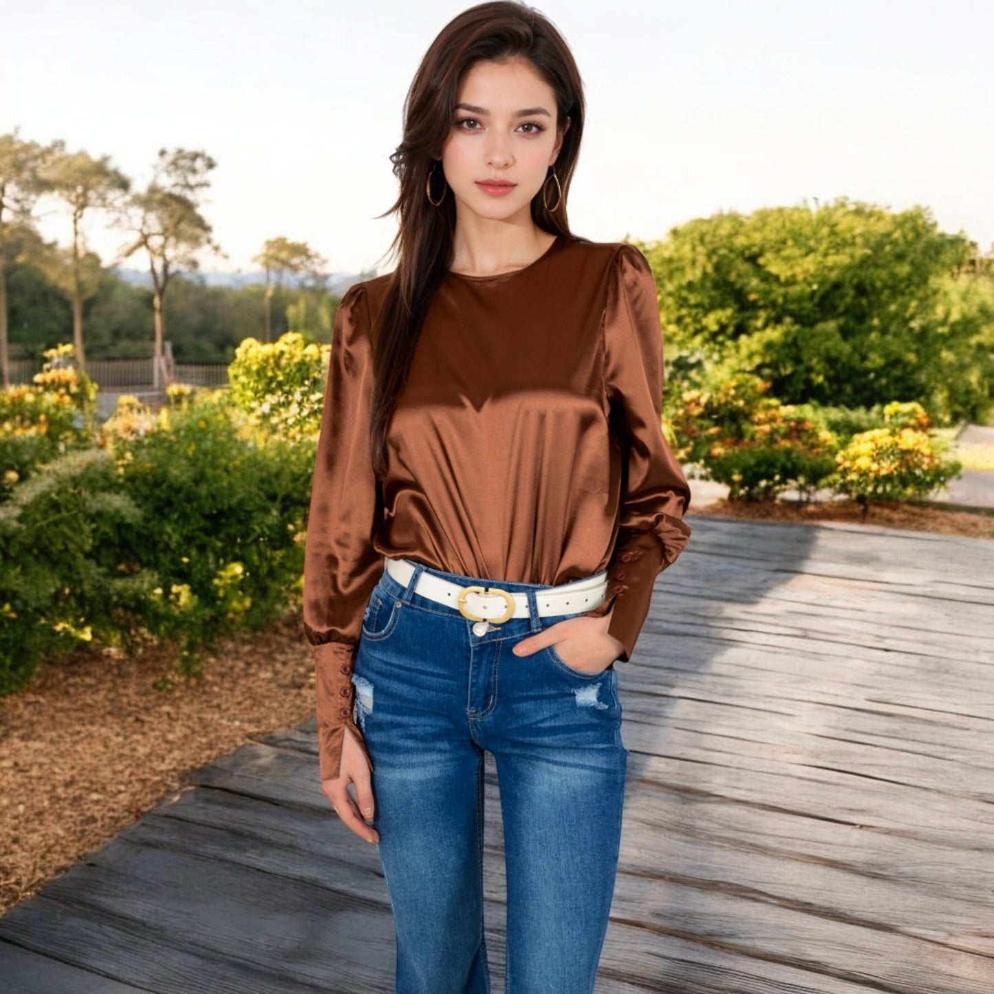 Satin Long Sleeve Blouse with Buttoned Cuffs and Subtle Puff Shoulders