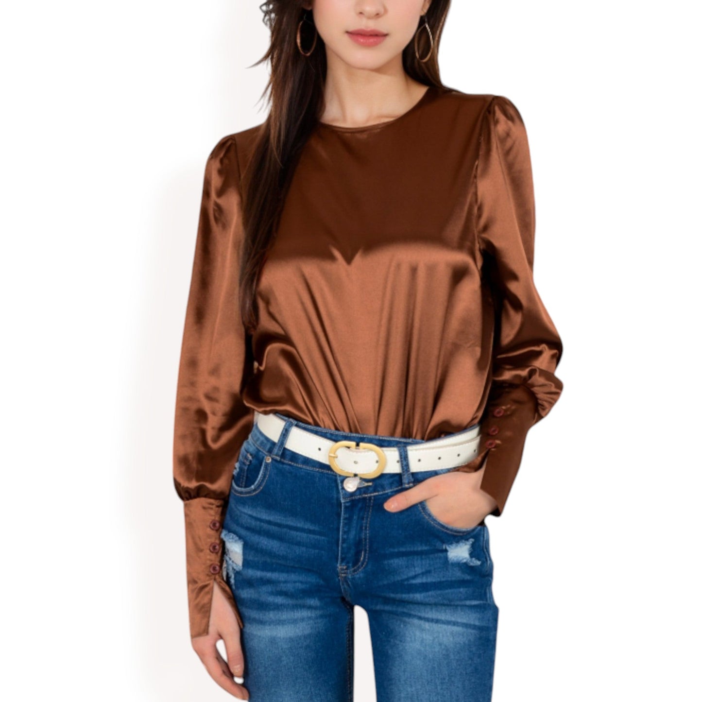 Satin Long Sleeve Blouse with Buttoned Cuffs and Subtle Puff Shoulders