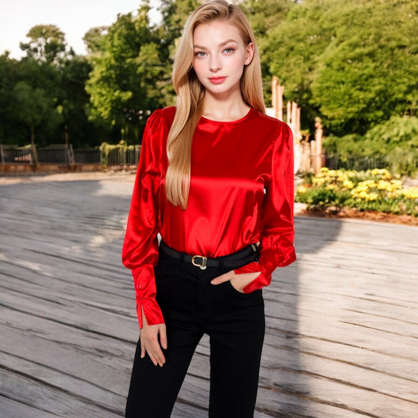 Satin Long Sleeve Blouse with Buttoned Cuffs and Subtle Puff Shoulders