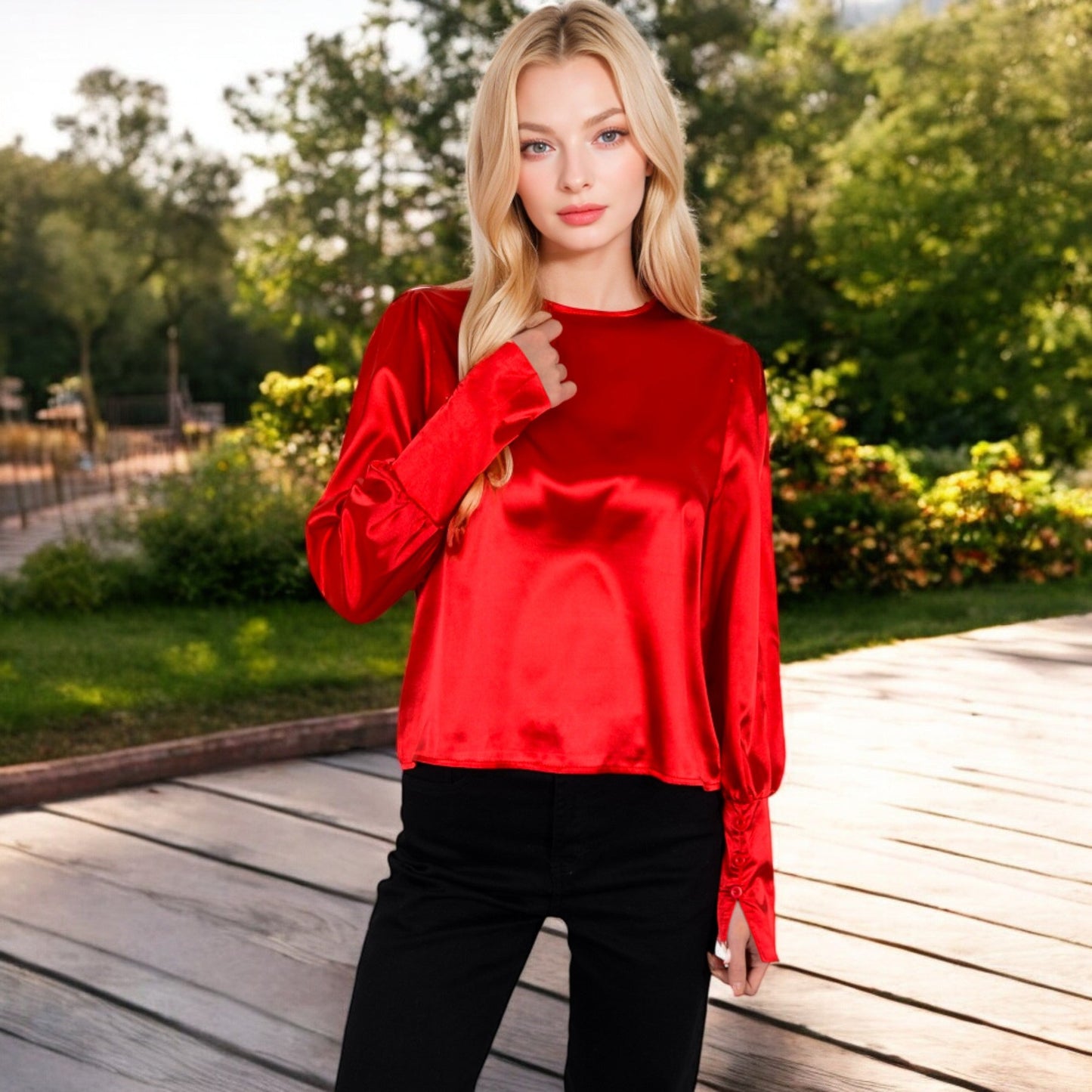 Satin Long Sleeve Blouse with Buttoned Cuffs and Subtle Puff Shoulders