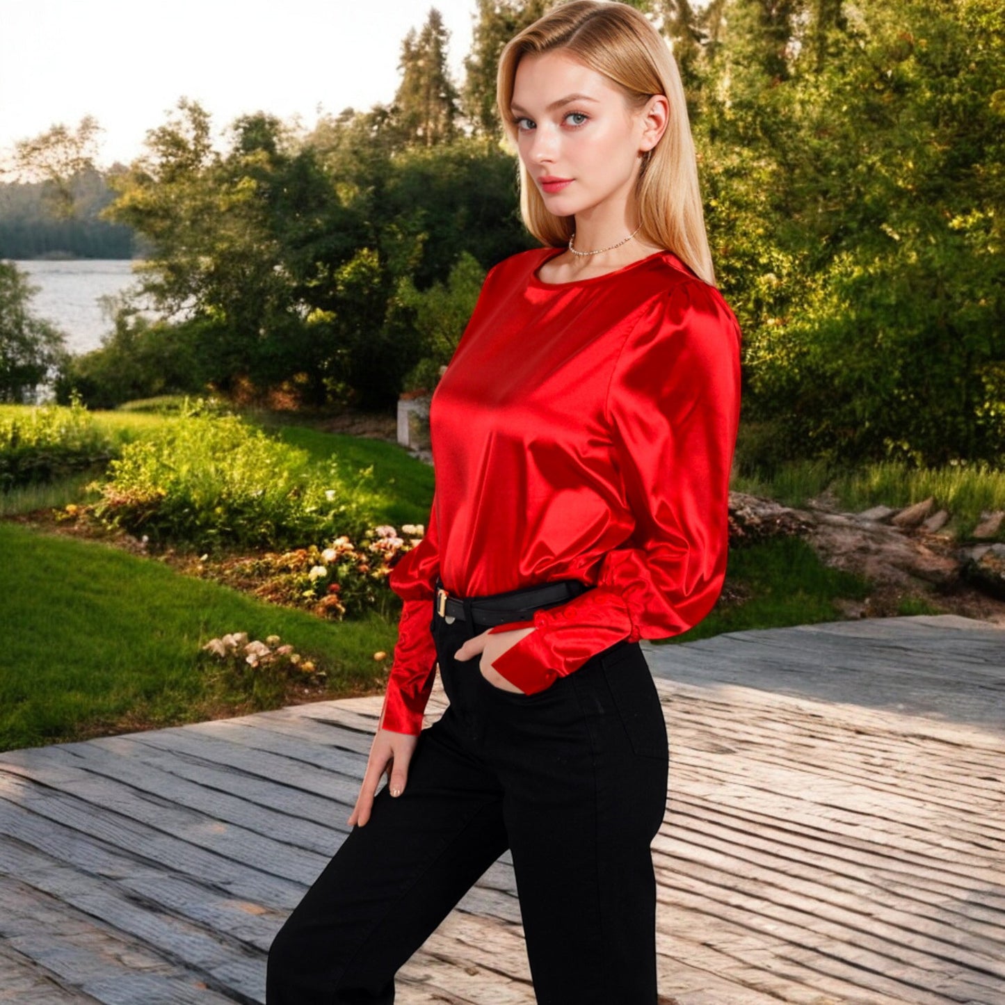 Satin Long Sleeve Blouse with Buttoned Cuffs and Subtle Puff Shoulders