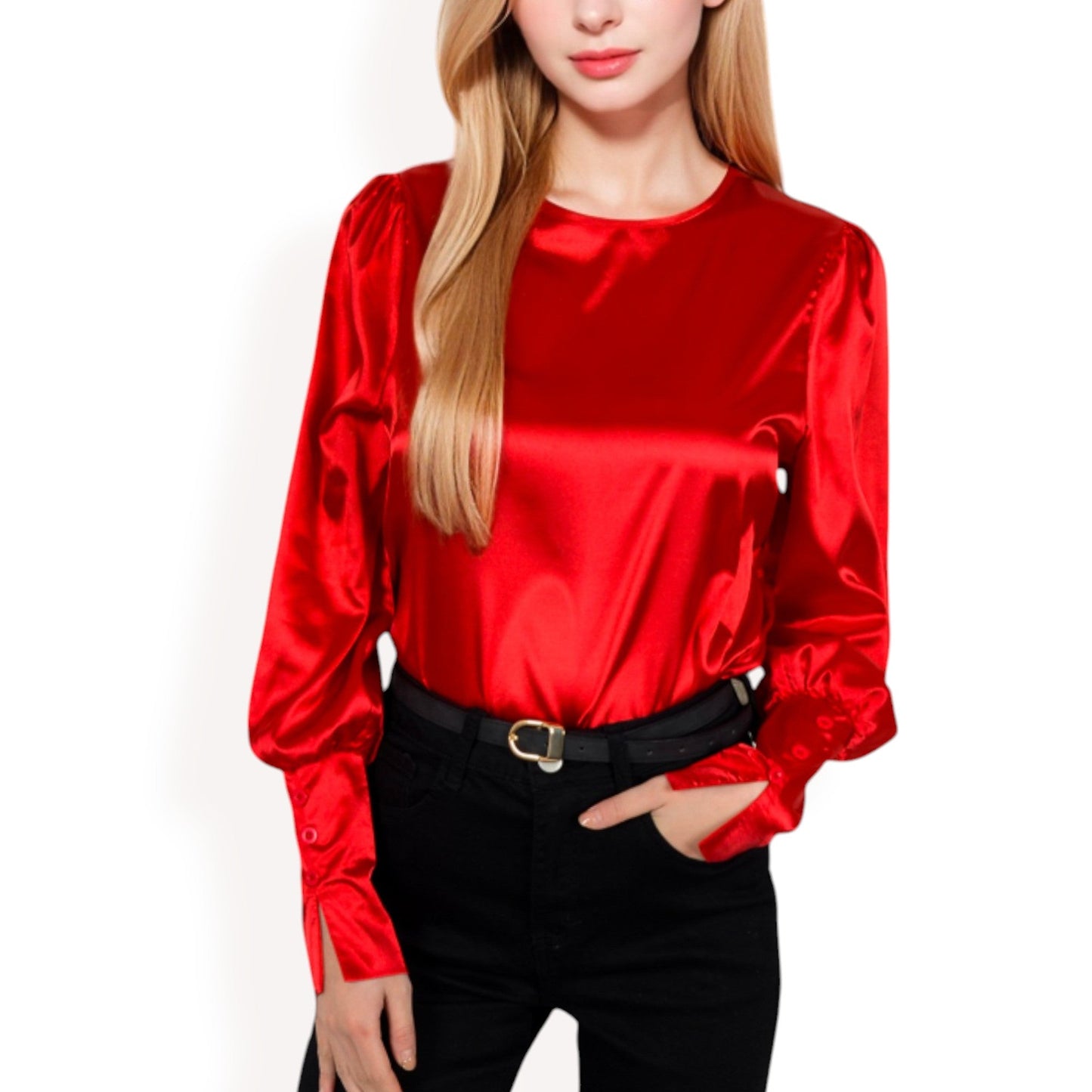Satin Long Sleeve Blouse with Buttoned Cuffs and Subtle Puff Shoulders