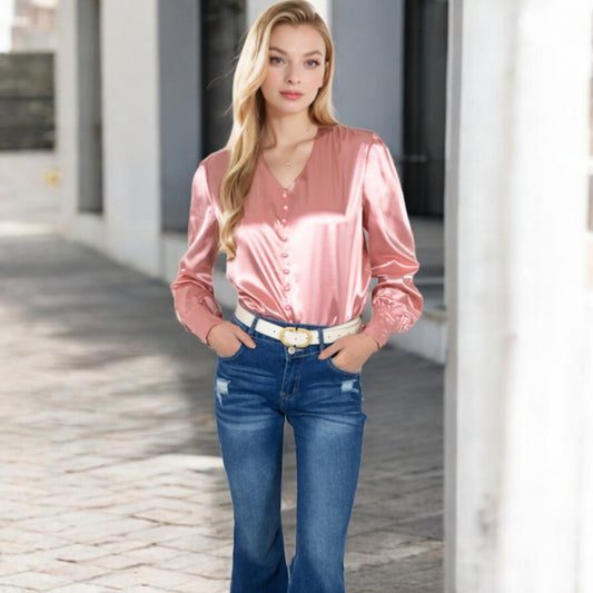 Satin Long Sleeve Blouse with Button Front and V-Neckline