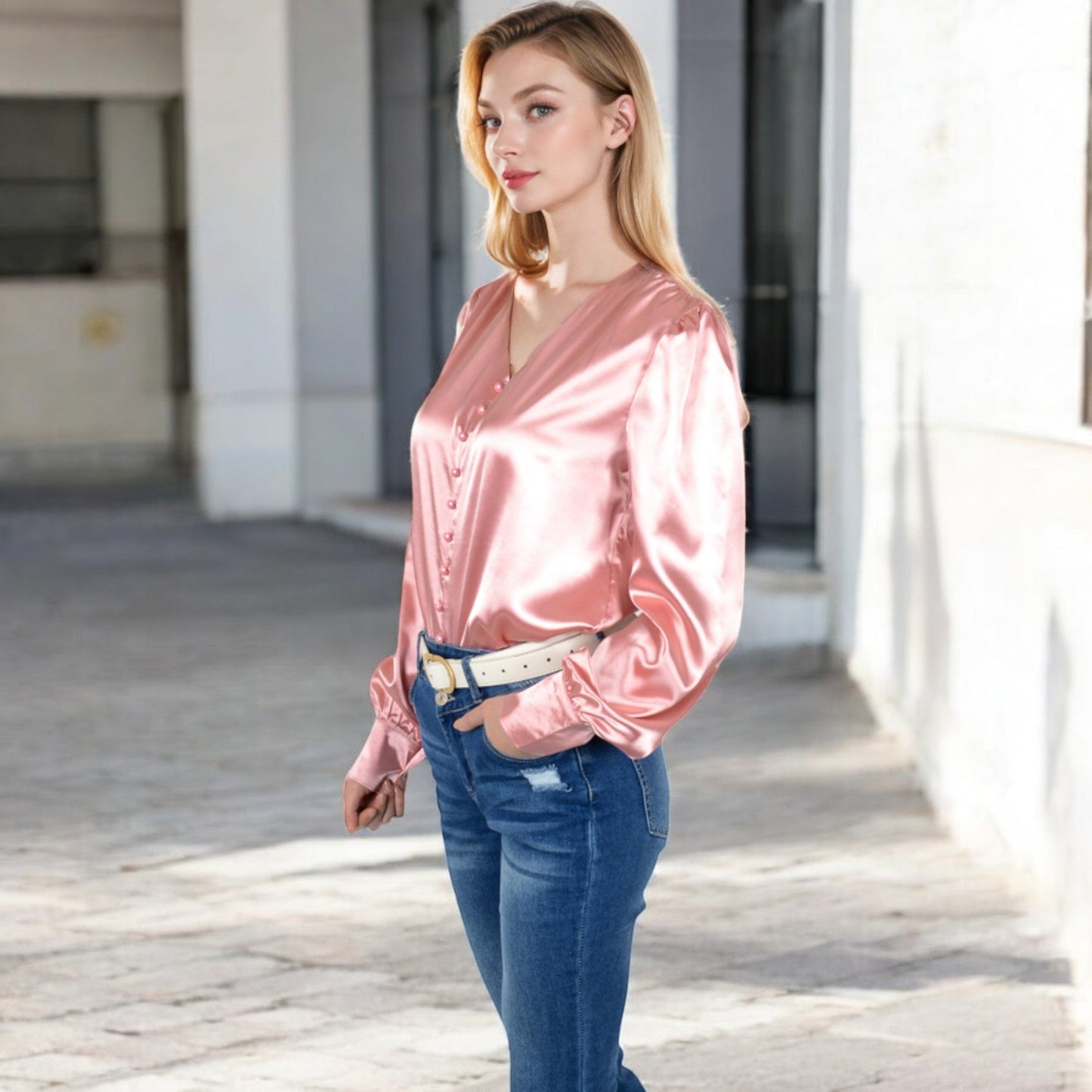 Satin Long Sleeve Blouse with Button Front and V-Neckline