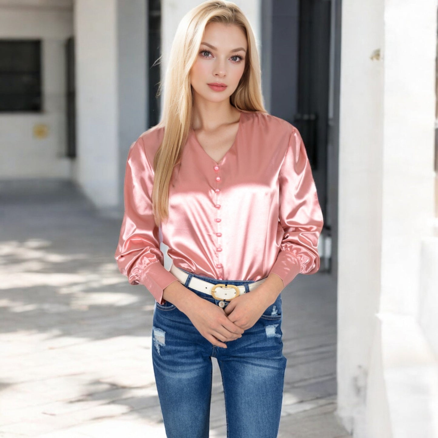 Satin Long Sleeve Blouse with Button Front and V-Neckline