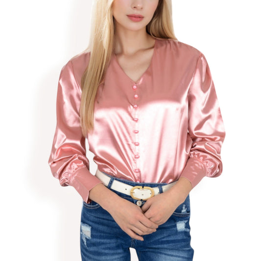 Satin Long Sleeve Blouse with Button Front and V-Neckline