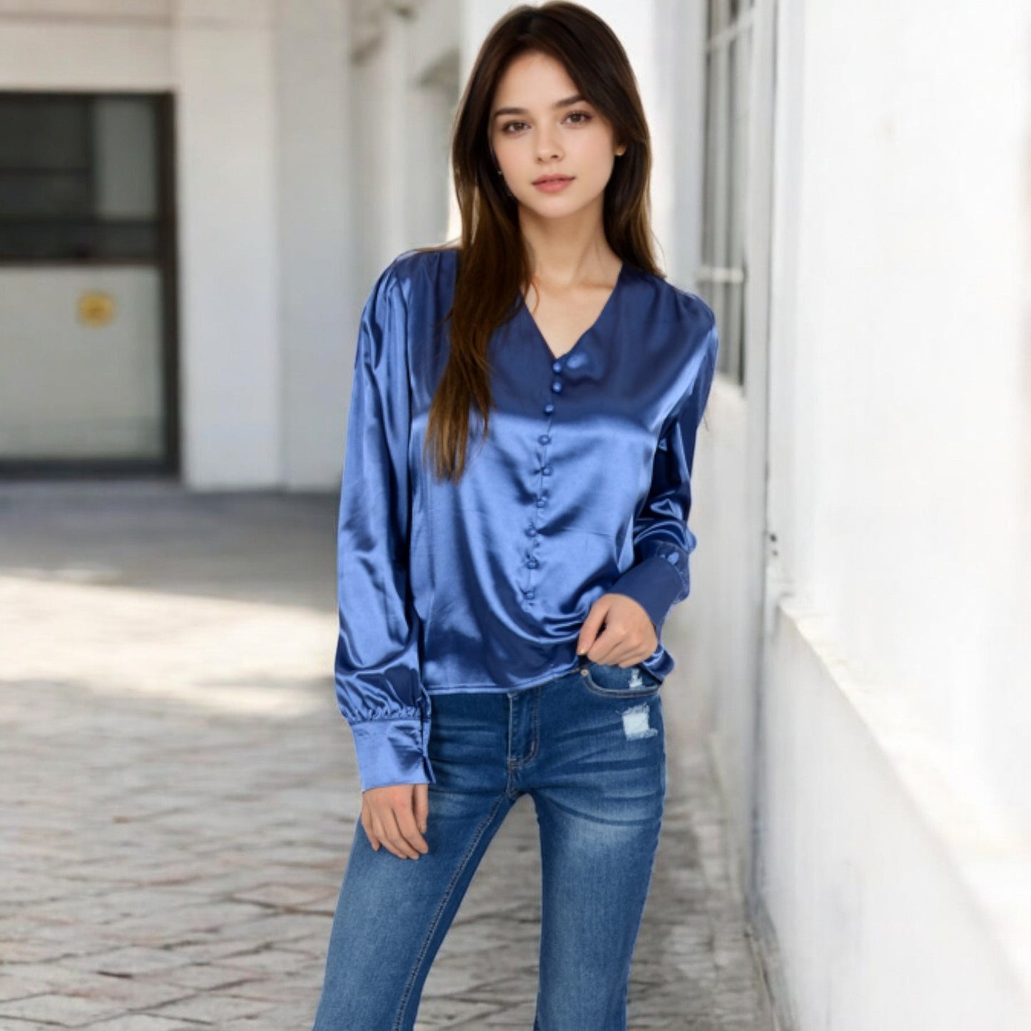 Satin Long Sleeve Blouse with Button Front and V-Neckline