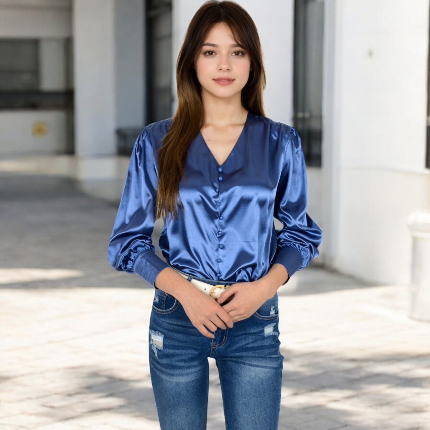 Satin Long Sleeve Blouse with Button Front and V-Neckline