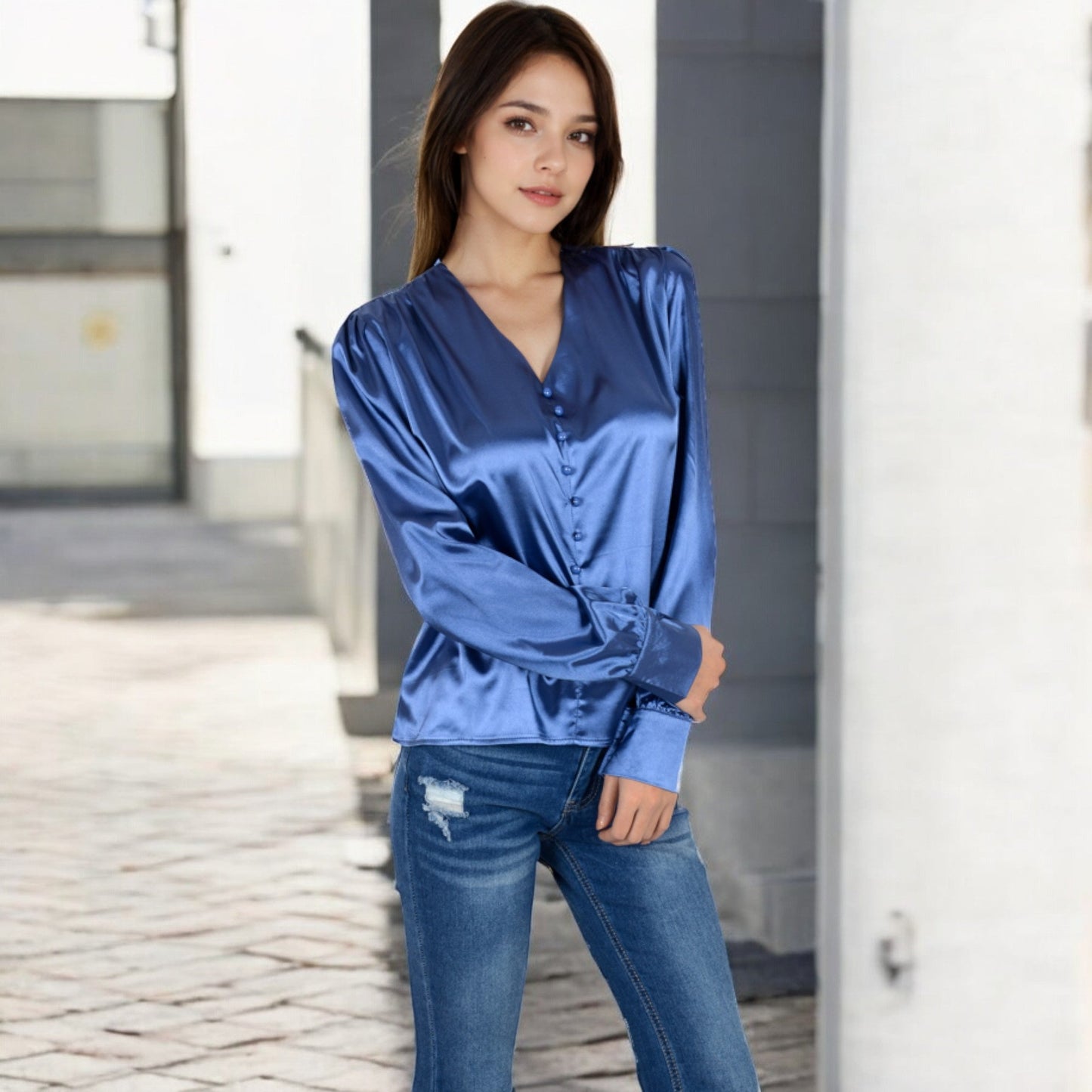 Satin Long Sleeve Blouse with Button Front and V-Neckline