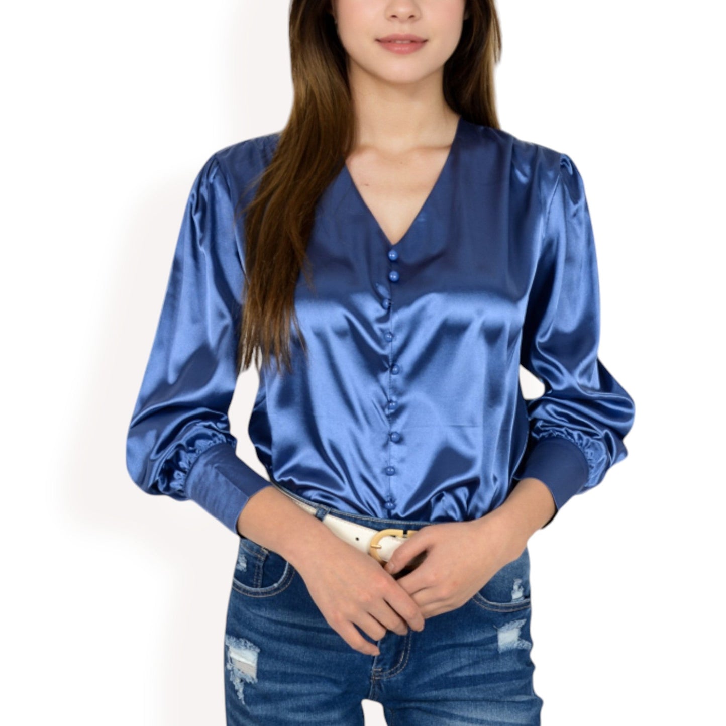 Satin Long Sleeve Blouse with Button Front and V-Neckline