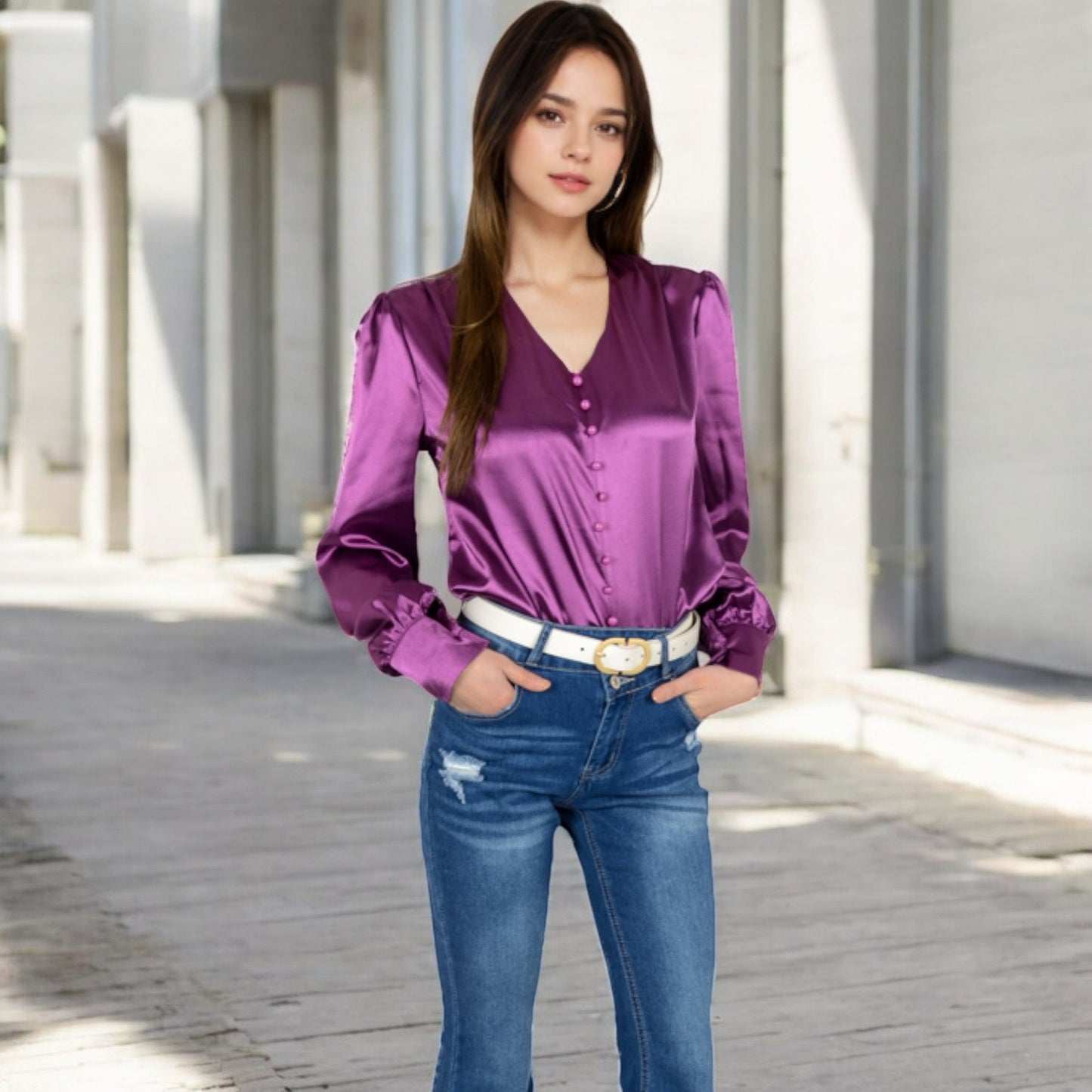 Satin Long Sleeve Blouse with Button Front and V-Neckline