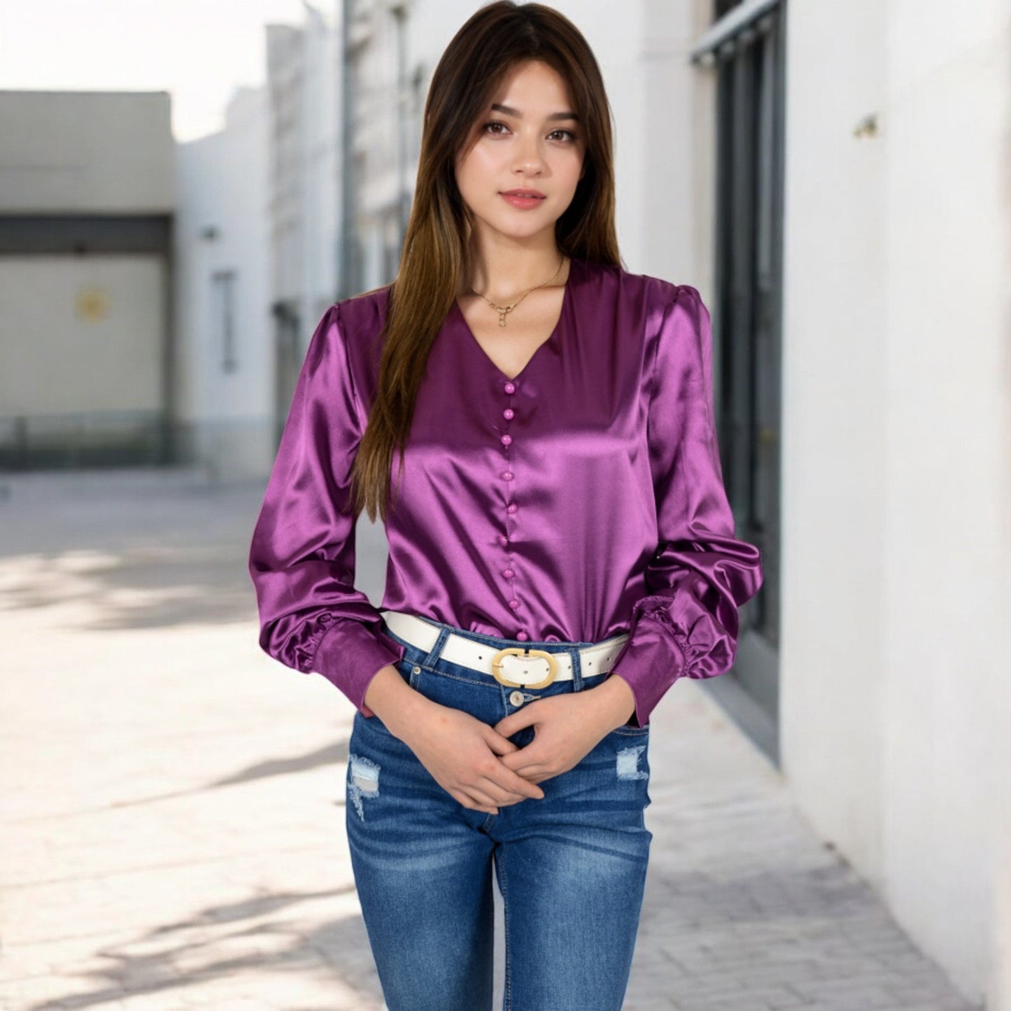 Satin Long Sleeve Blouse with Button Front and V-Neckline