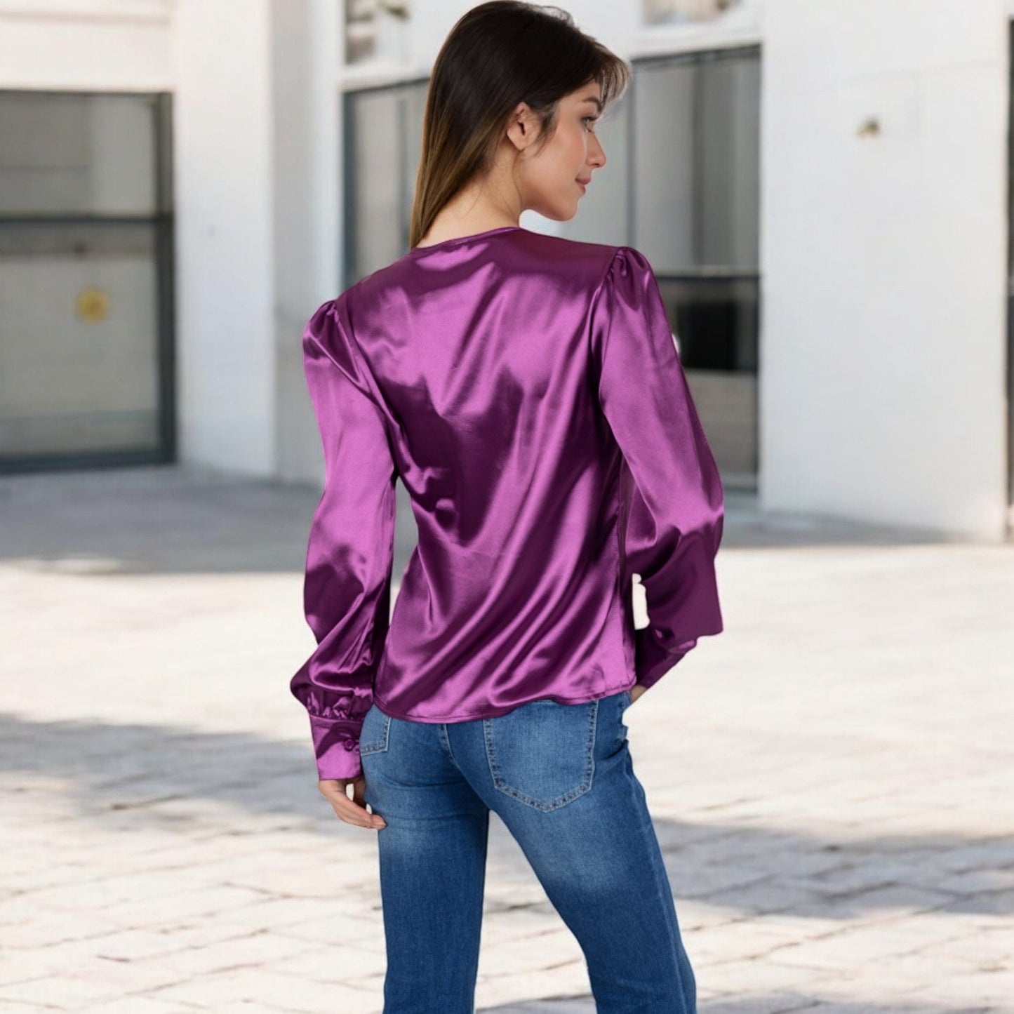 Satin Long Sleeve Blouse with Button Front and V-Neckline
