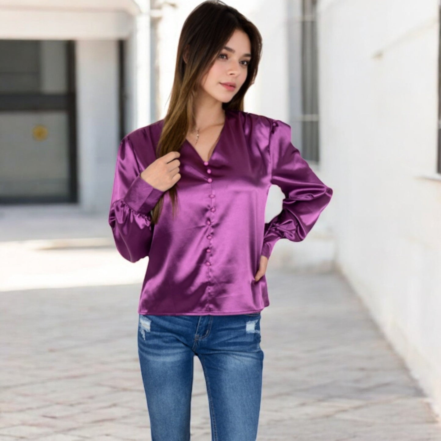 Satin Long Sleeve Blouse with Button Front and V-Neckline