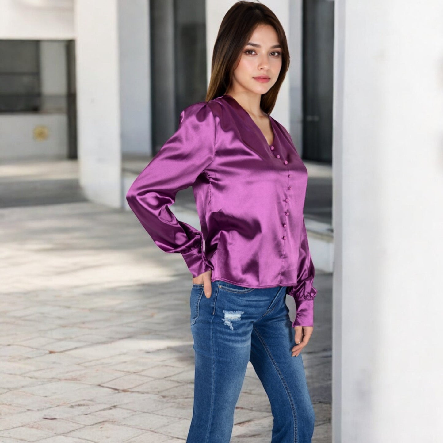 Satin Long Sleeve Blouse with Button Front and V-Neckline