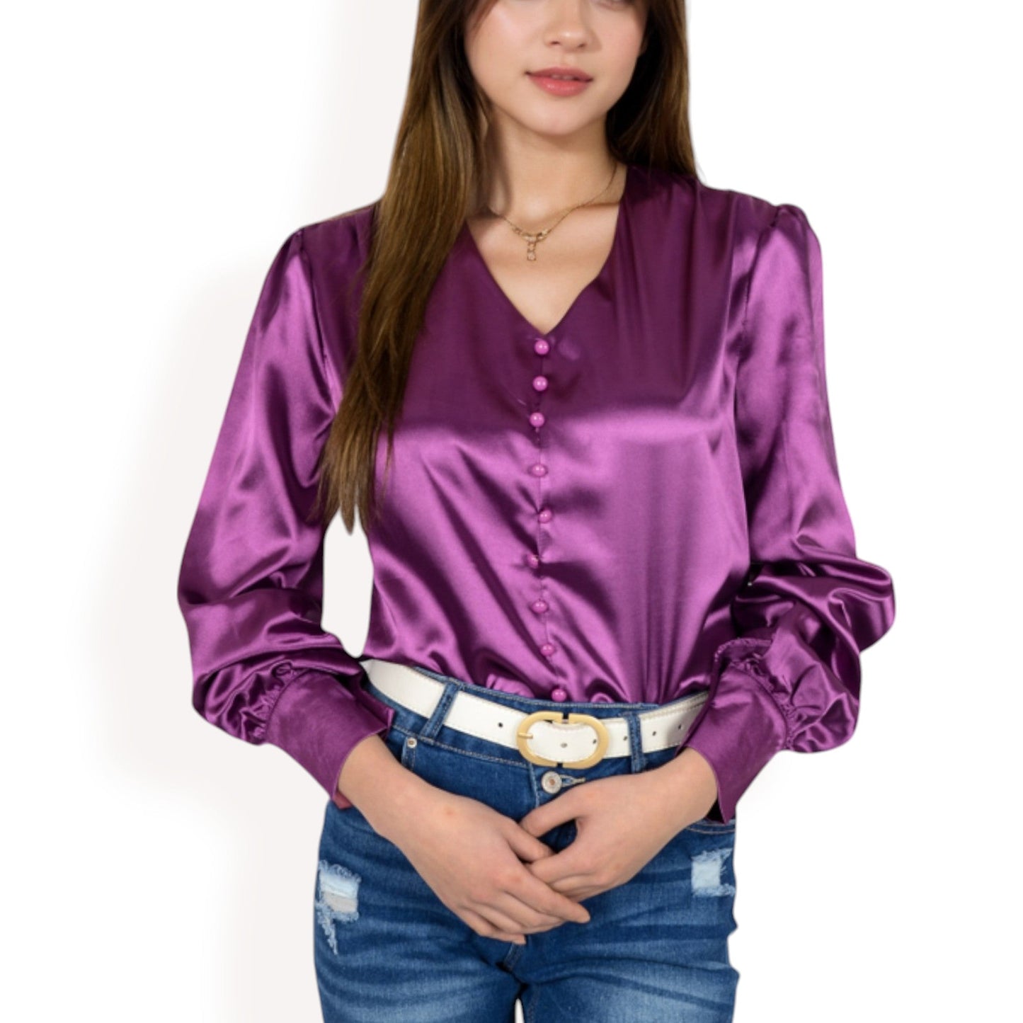 Satin Long Sleeve Blouse with Button Front and V-Neckline