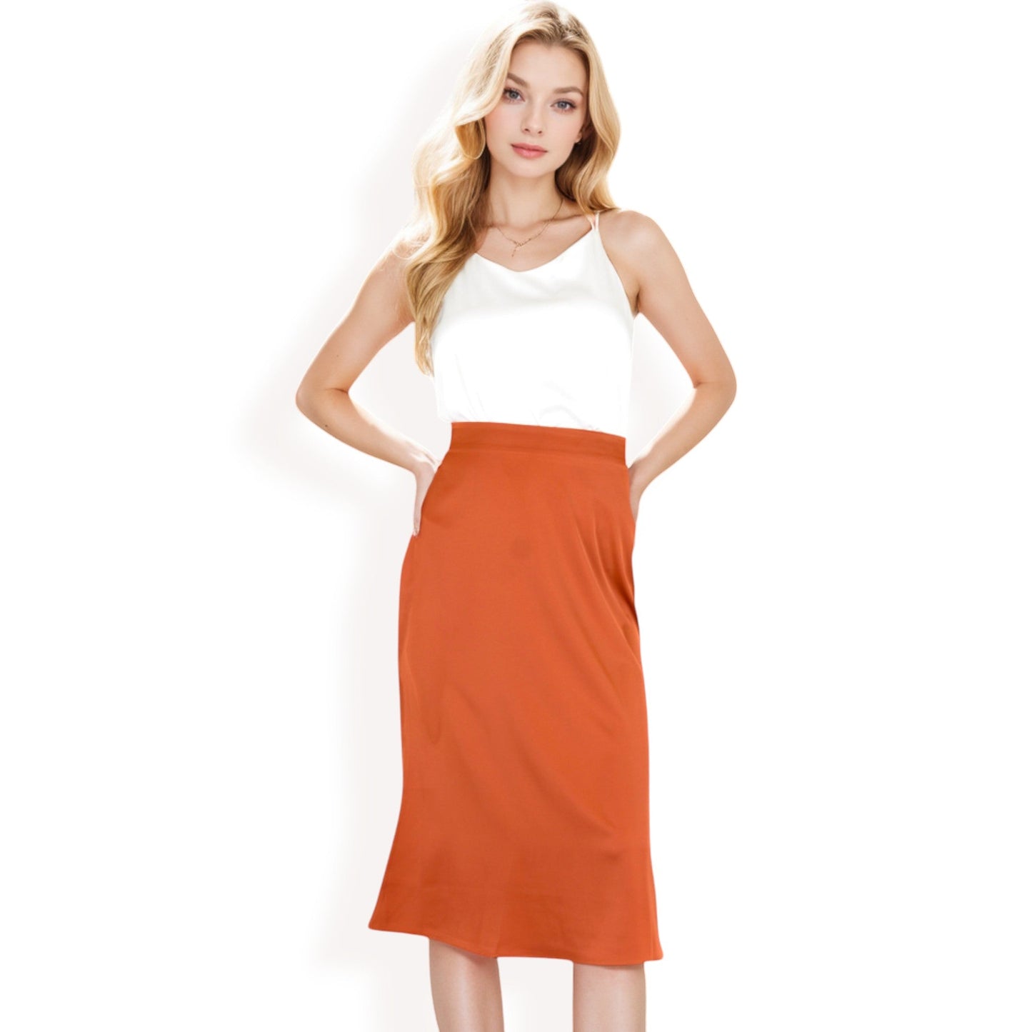 Satin Midi Skirt With A-Line Silhouette And Elastic Waistband