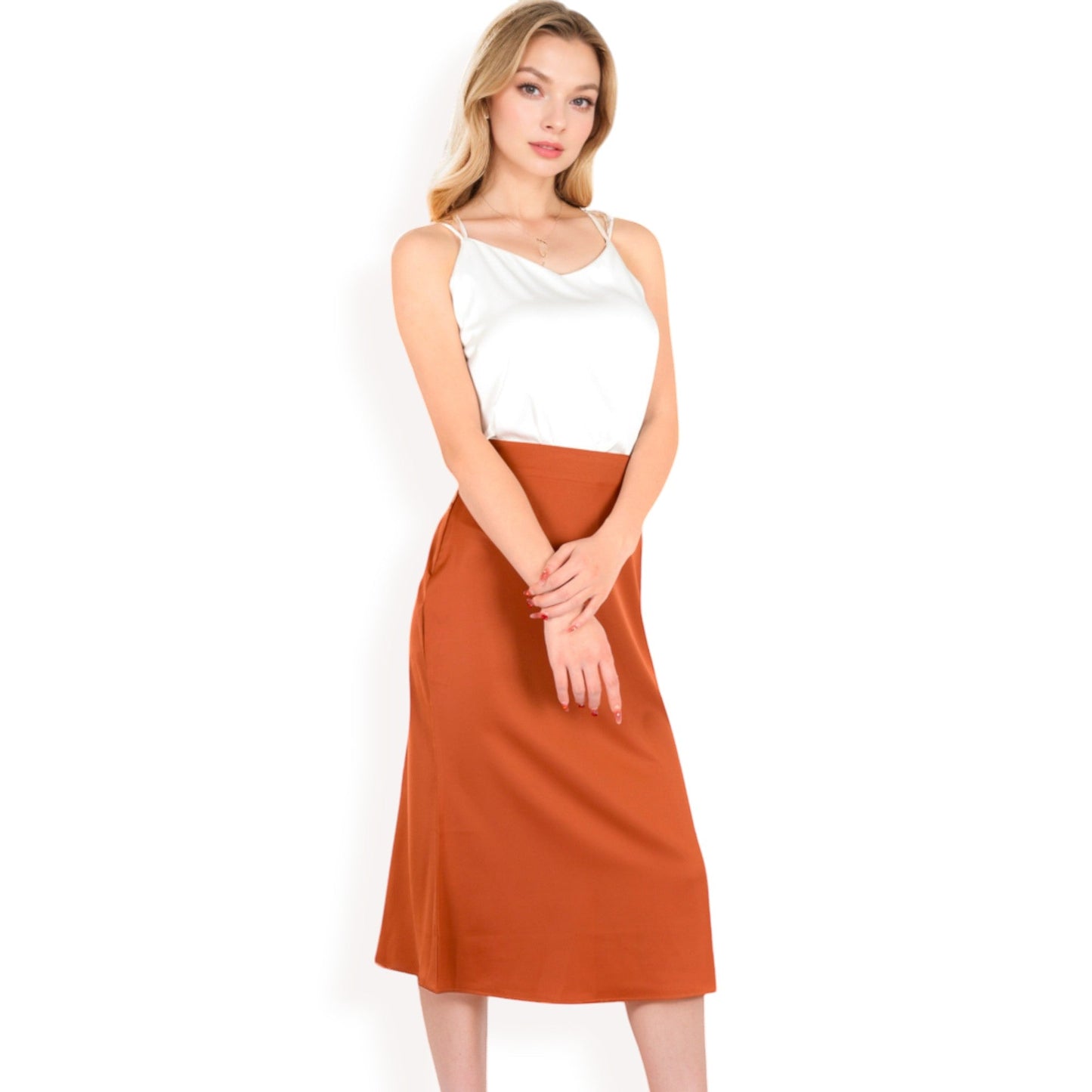 Satin Midi Skirt With A-Line Silhouette And Elastic Waistband