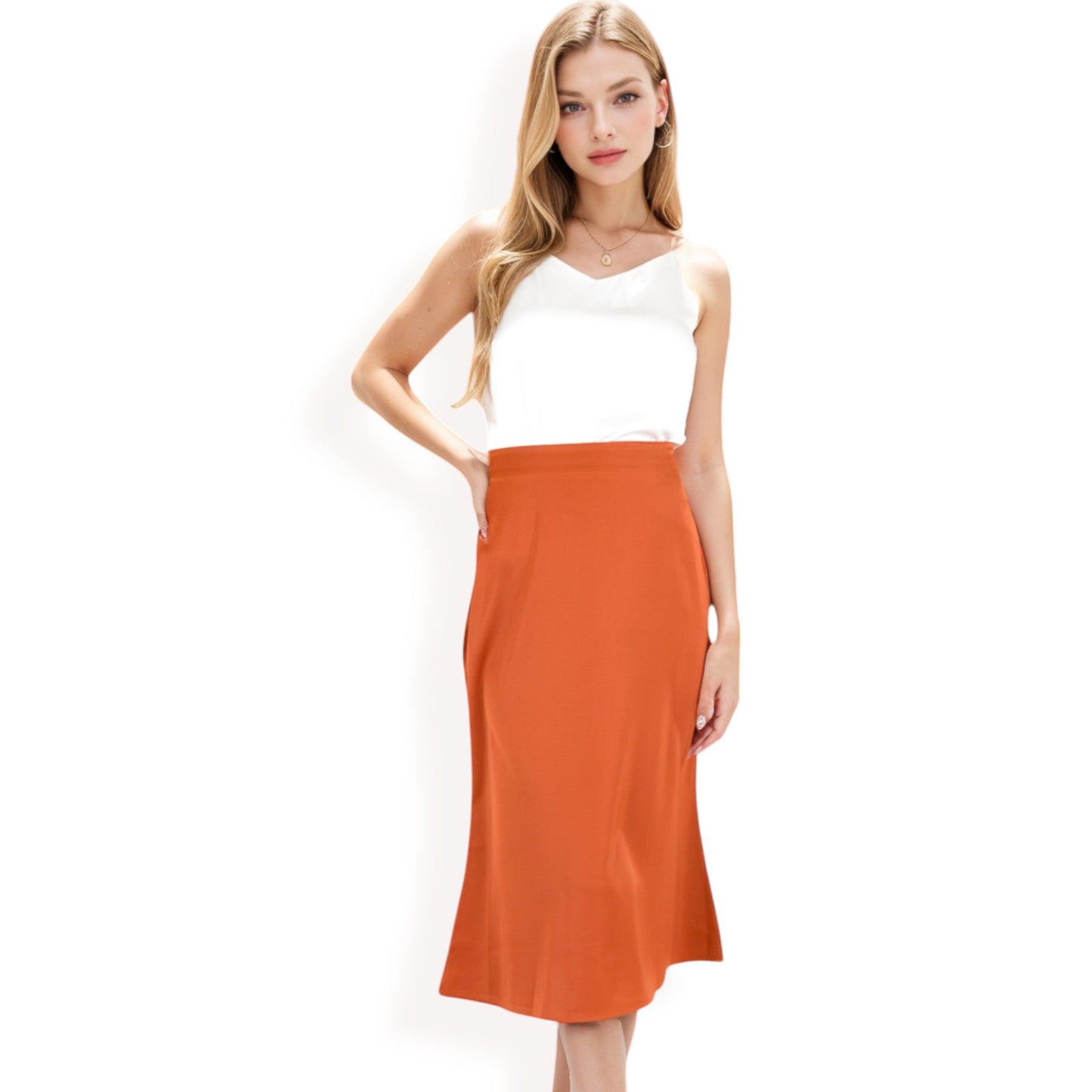 Satin Midi Skirt With A-Line Silhouette And Elastic Waistband
