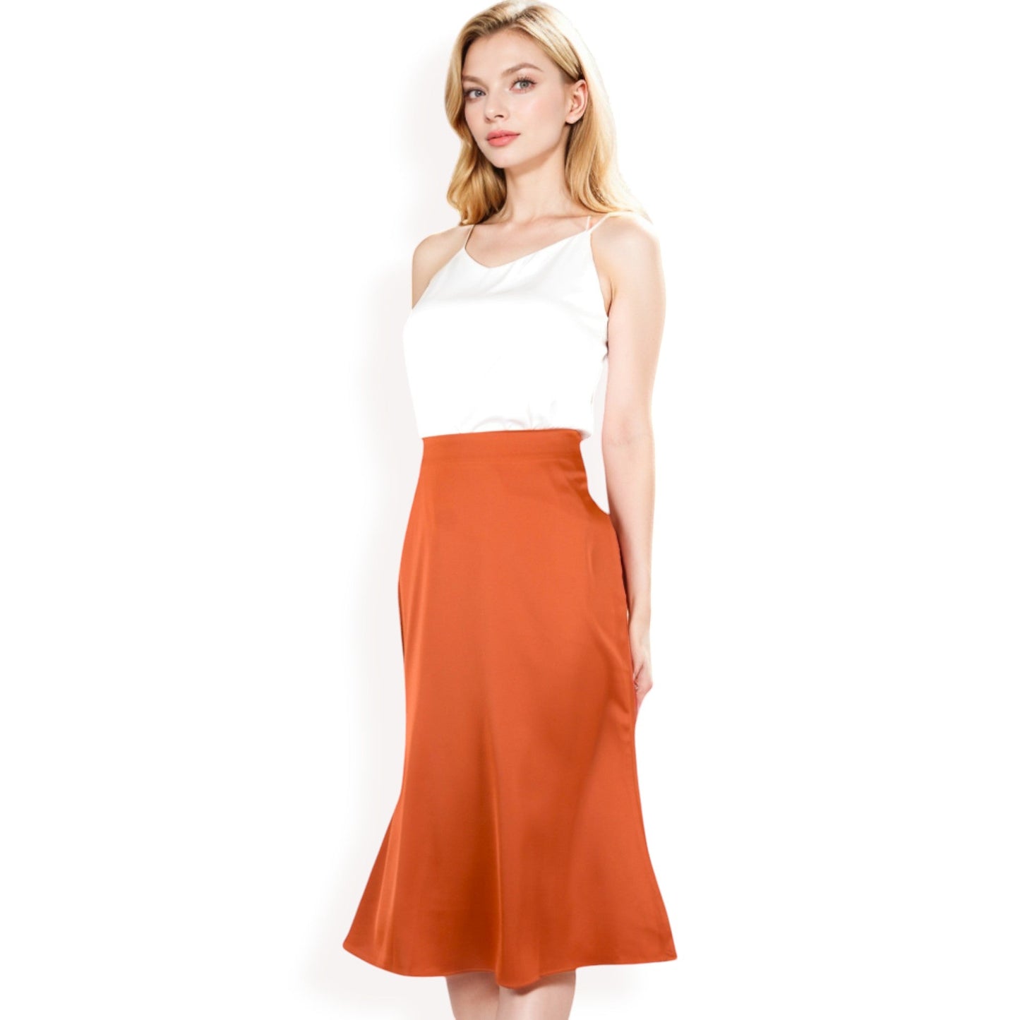 Satin Midi Skirt With A-Line Silhouette And Elastic Waistband