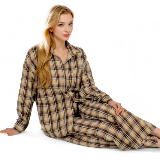 Plaid Lounge Set with Button-Up Shirt and Elastic Waist Pants