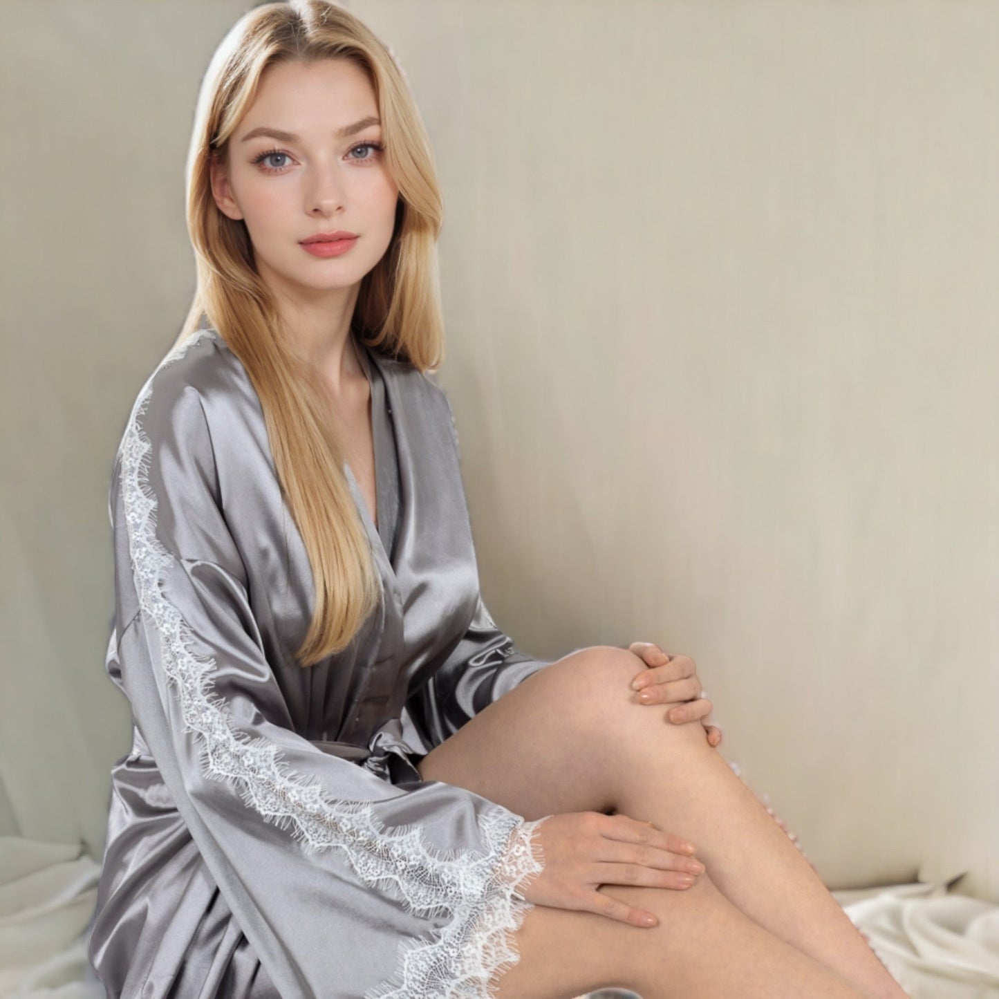 Satin 3-Piece Loungewear Set with Lace Trim Robe, Bralette, and Shorts