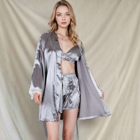 Satin 3-Piece Loungewear Set with Lace Trim Robe, Bralette, and Shorts