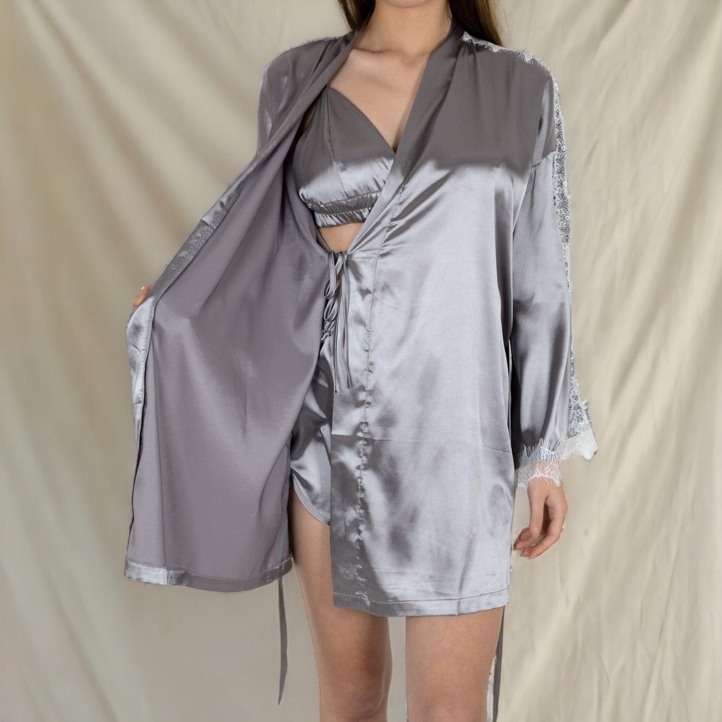 Satin 3-Piece Loungewear Set with Lace Trim Robe, Bralette, and Shorts