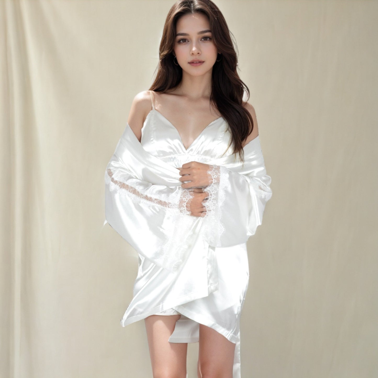 Satin 3-Piece Loungewear Set with Lace Trim Robe, Bralette, and Shorts