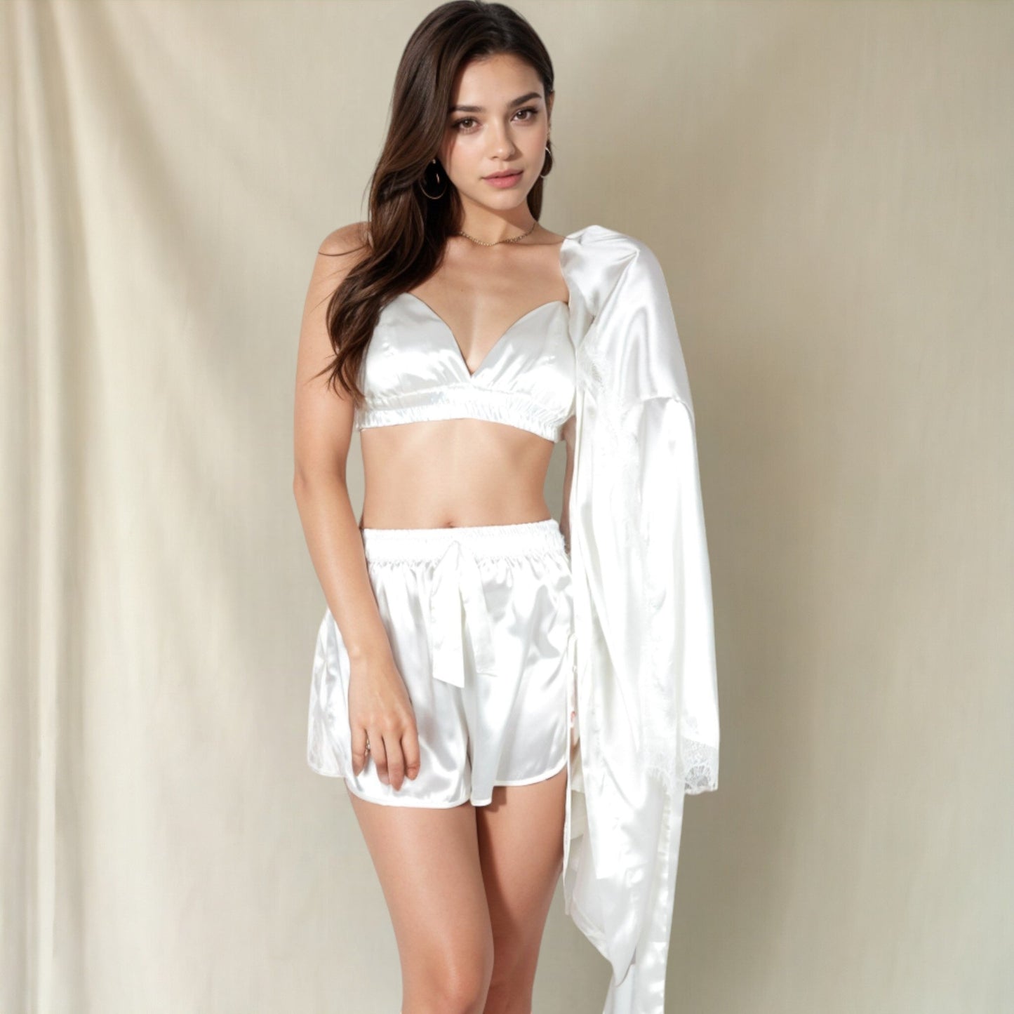 Satin 3-Piece Loungewear Set with Lace Trim Robe, Bralette, and Shorts