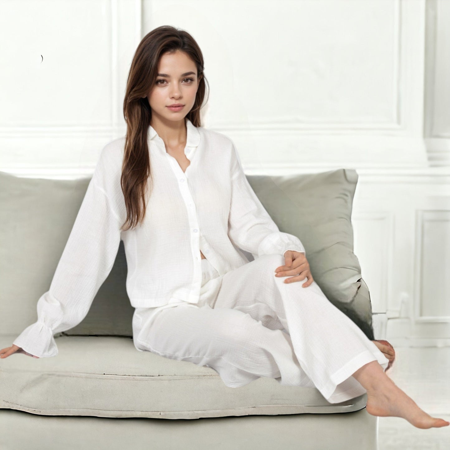 Lightweight Gauze Lounge Set with Button-Up Top and Wide-Leg Pants