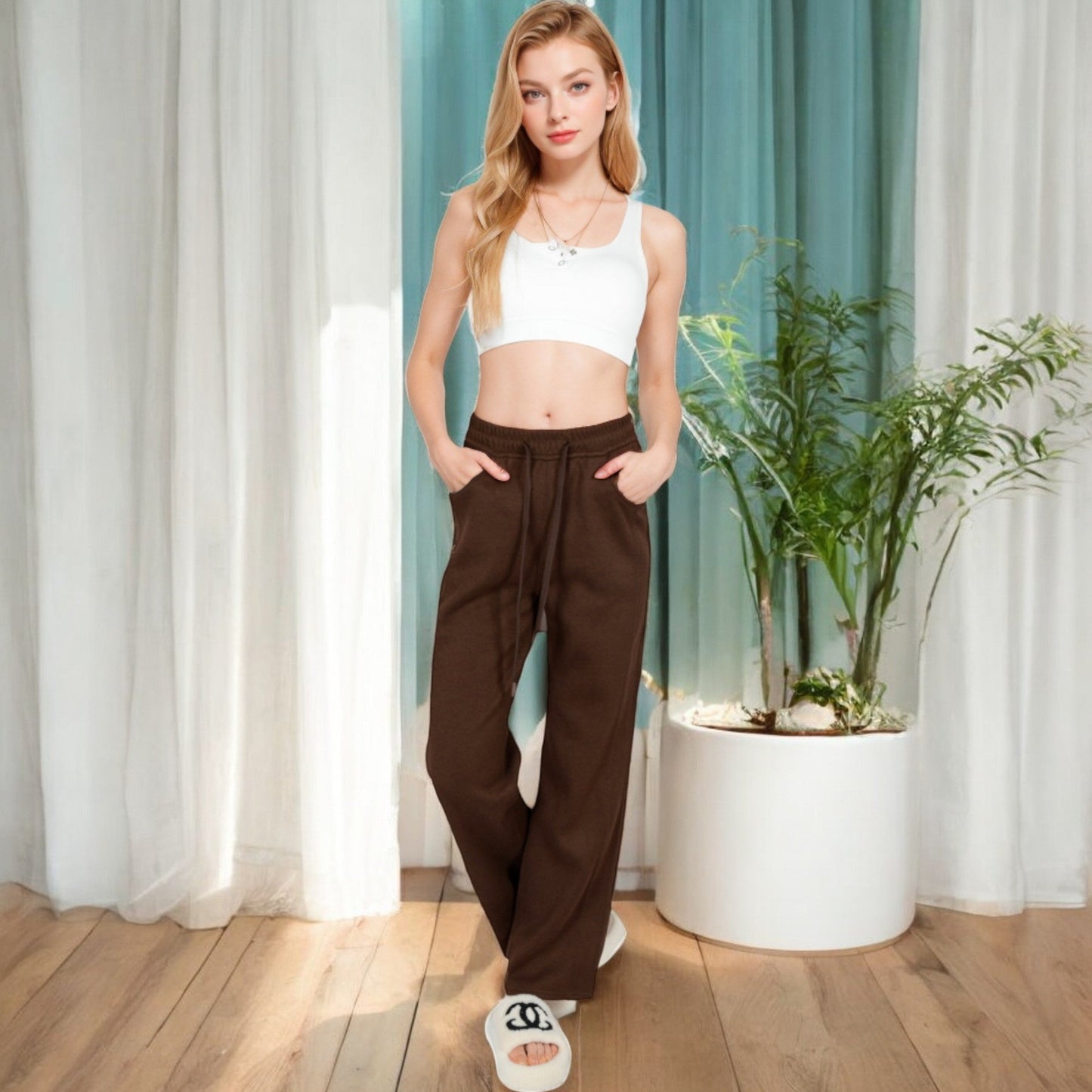 Women's Soft Knit Wide-Leg Pants with Elastic Waistband and Drawstring for Lounge and Casual Wear