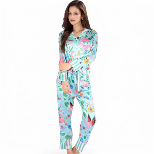 Satin Tropical Flamingo Print Pajama Set with Button-Up Top and Relaxed Fit Pants