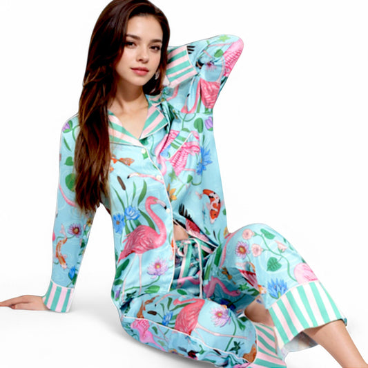Satin Tropical Flamingo Print Pajama Set with Button-Up Top and Relaxed Fit Pants