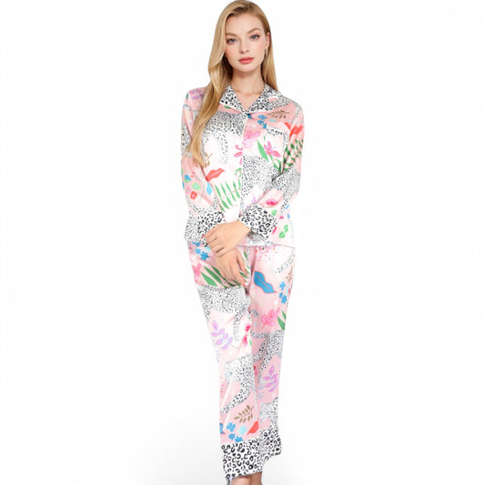 Satin Pink Leopard Print Pajama Set with Button-Up Long Sleeve Top and Relaxed Fit Pants
