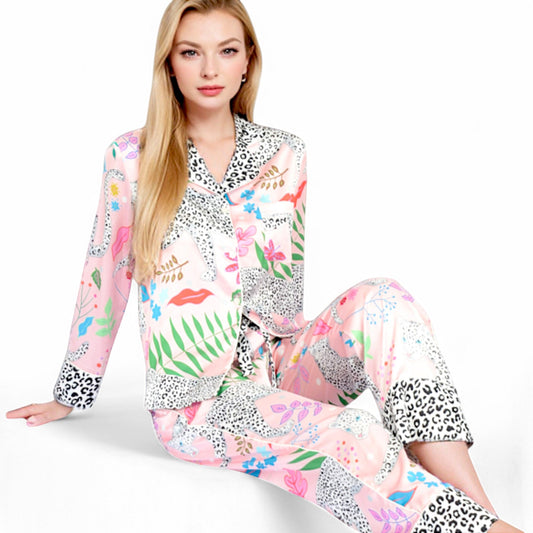 Satin Pink Leopard Print Pajama Set with Button-Up Long Sleeve Top and Relaxed Fit Pants