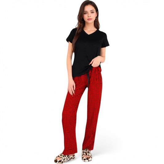 Classic Plaid Pajama Set with Soft Short Sleeve Top and Relaxed Fit Elastic Waist Pants