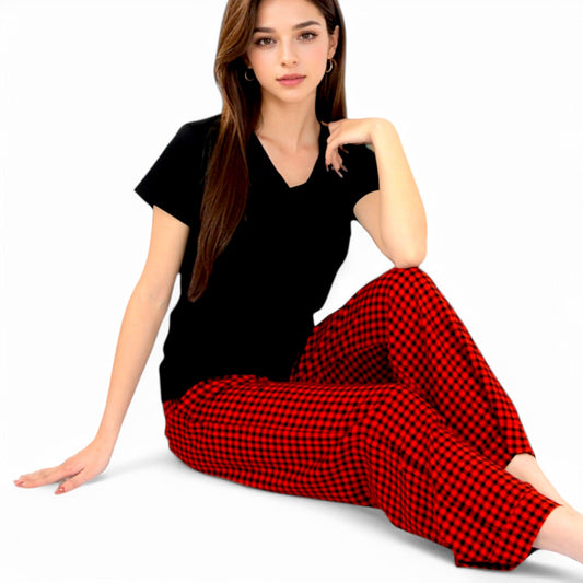 Classic Plaid Pajama Set with Soft Short Sleeve Top and Relaxed Fit Elastic Waist Pants
