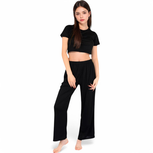 Minimalist Black Pajama Set with Soft Short Sleeve Crop Top and High Waist Wide-Leg Pants