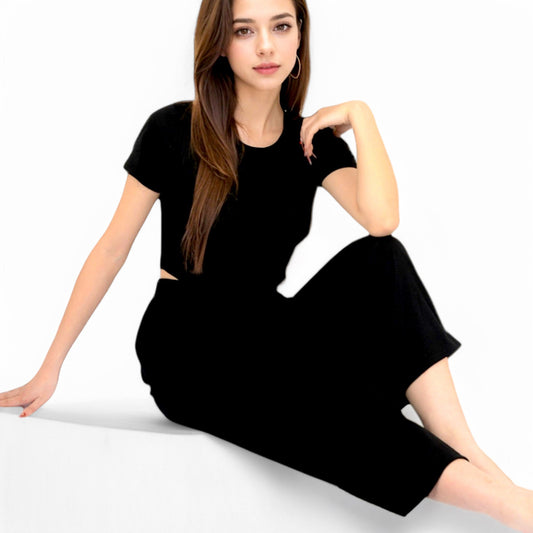 Minimalist Black Pajama Set with Soft Short Sleeve Crop Top and High Waist Wide-Leg Pants