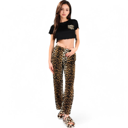 Leopard Print Pajama Set with Ruffled Crop Top and High Waist Wide-Leg Pants