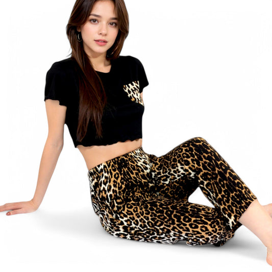 Leopard Print Pajama Set with Ruffled Crop Top and High Waist Wide-Leg Pants