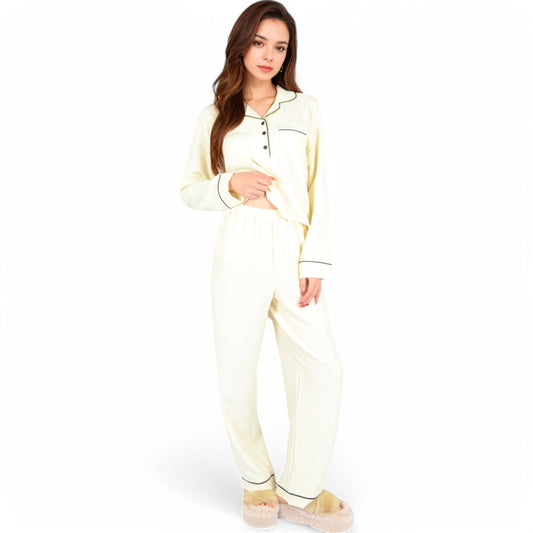 Textured Pajama Set with Long Sleeve Button-Up Top and Contrast Piping Details