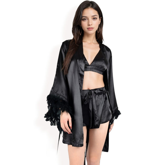 Black Feather Trim Satin Robe with Bralette and High Waist Shorts Three-Piece Lounge Set