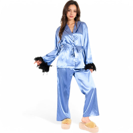 Satin Feather Trim Button-Up Lounge Set with Wide-Leg Pants