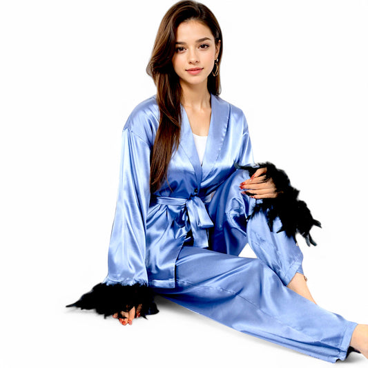 Satin Feather Trim Button-Up Lounge Set with Wide-Leg Pants
