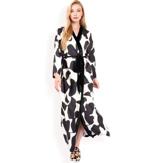 Abstract Print Satin Duster Robe with Velvet Trim and Tie Waist